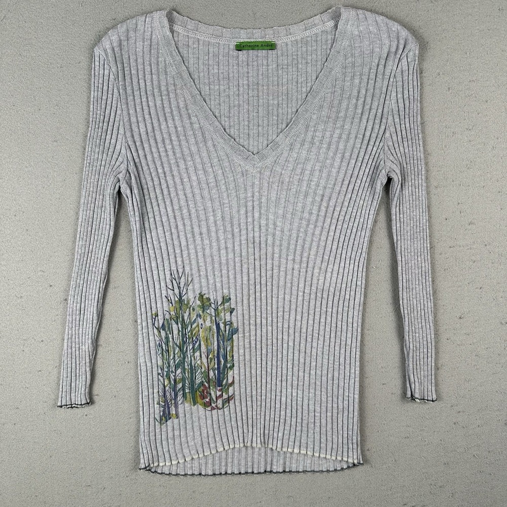 Catherine Andre Shirt Women's M Gray Floral Ribbed 3/4‎ Sleeve V Neck Viscose